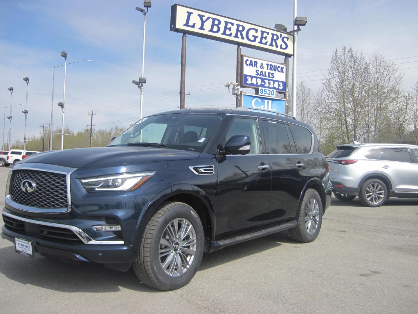 2021 blue /black Infiniti QX80 Luxe 4WD (JN8AZ2AEXM9) with an 5.6L V8 DOHC 32V engine, 7A transmission, located at 9530 Old Seward Highway, Anchorage, AK, 99515, (907) 349-3343, 61.134140, -149.865570 - Photo#0