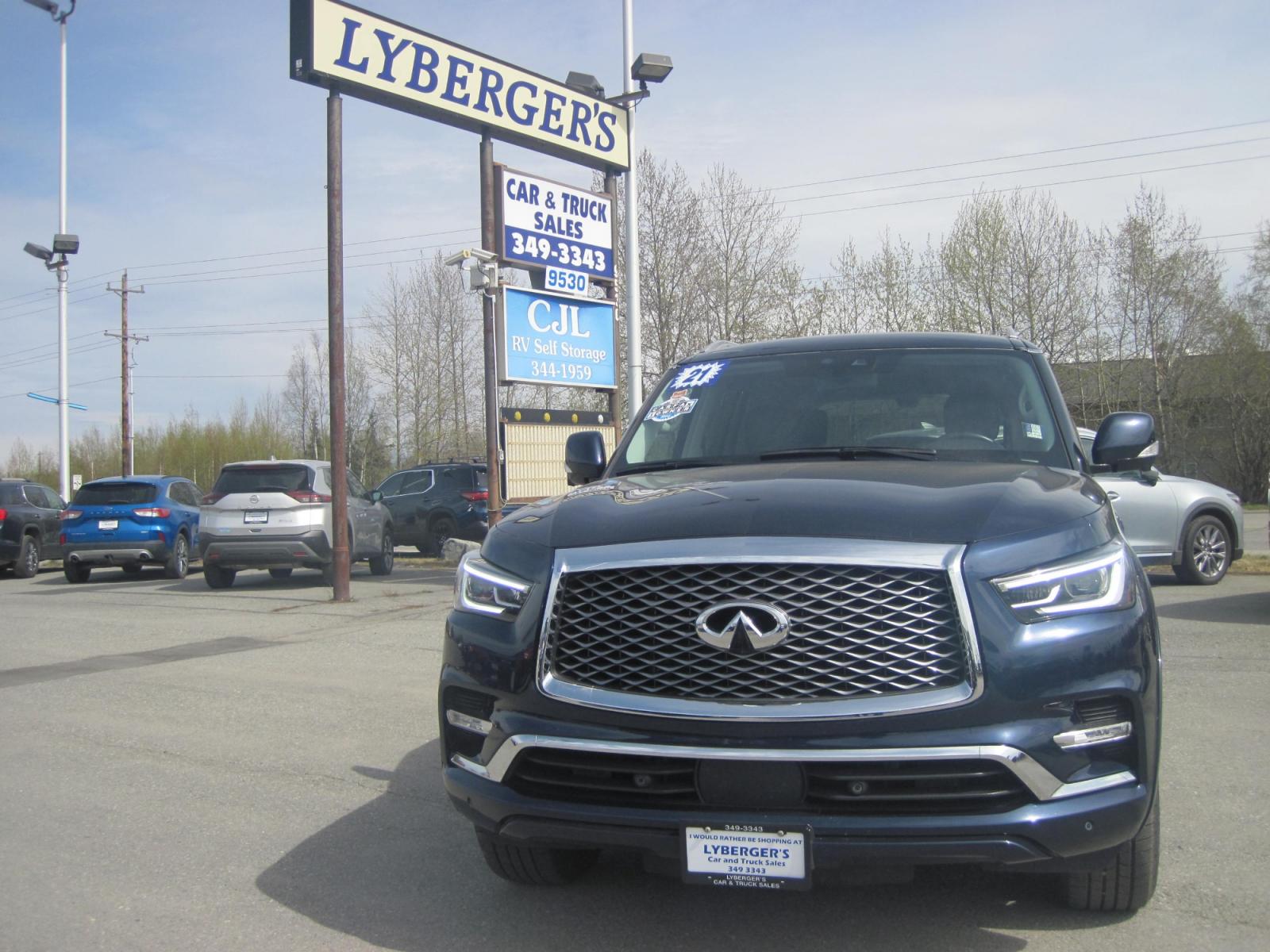 2021 blue /black Infiniti QX80 Luxe 4WD (JN8AZ2AEXM9) with an 5.6L V8 DOHC 32V engine, 7A transmission, located at 9530 Old Seward Highway, Anchorage, AK, 99515, (907) 349-3343, 61.134140, -149.865570 - INFINITI QX 80 LUXE 4WD COME TAKE A TEST DRIVE - Photo #1